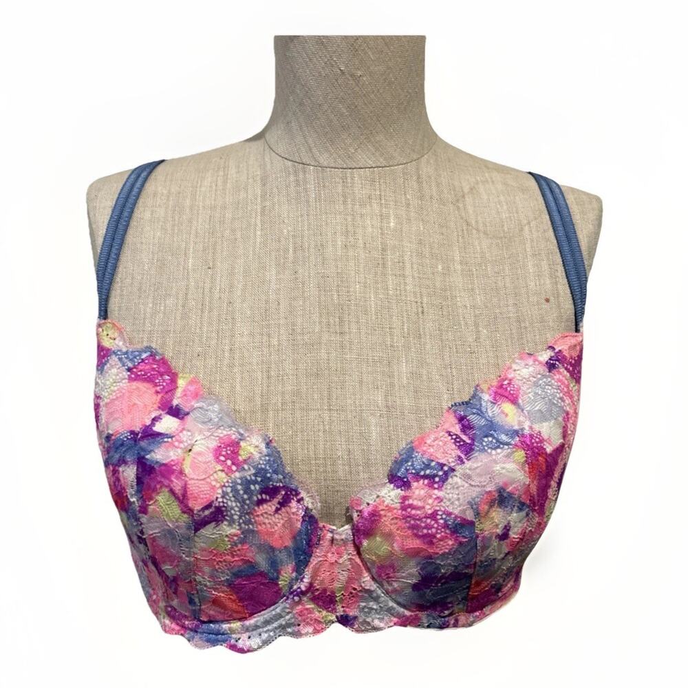 Victoria Secret Lined Demi Bra 36D Watercolor Lace Underwire Adjustable